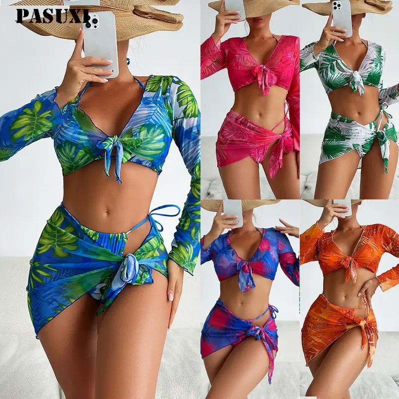 PASUXI Women Hot 3pcs Floral Print Bandage Swimwear Swimsuit Bikini with Cover Up Dress Belted Swim Bathing Suit Beach Wear