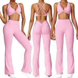 Conjunto Deportivo de 2 Piezas de Color Sólido, Sujetador Deportivo y Pantalones Acampanados de Corte Bootcut, Conjuntos Deportivos para Mujer, Conjuntos de Yoga para Gimnasio y Fitness - Product Image 1