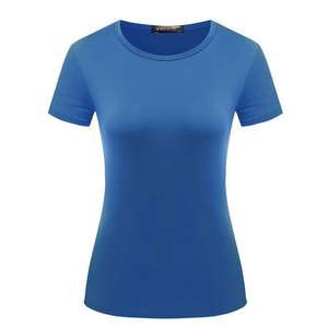 Camiseta de manga corta con cuello redondo para mujer, camisa personalizada de talla grande, venta al por mayor, precio barato, liso, teñido, OEM, Color azul, nuevo diseño - Product Image 5