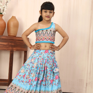 Ensemble de vêtements traditionnels pour enfants Shoryam Fashion, Lehenga Choli bleu imprimé, haut court à une épaule, jupe évasée pour les filles, fête - Product Image 1