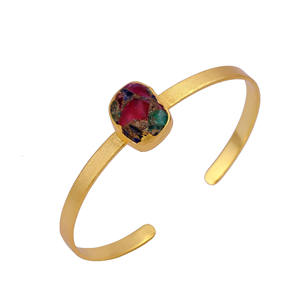 Mix Mohave Stone Oval Open Cuff <b>Bangle</b> Gold Plated Handmade Trendy Bezel Setting Statement Adjustable Jewelry - Product Image 4