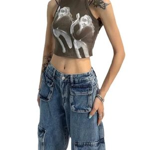 กางเกงยีนส์ขายาวสำหรับผู้หญิง, Y2K แฟชั่นทรงหลวมสไตล์คาร์โก้ขนาดพิเศษ - Product Image 4