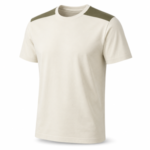 Camiseta de algodón personalizada color marfil con paneles en los hombros color oliva, de manga corta, premium para hombre, al por mayor. - Product Image 3