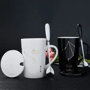 Custom Logo 12 Constellations Ceramic Coffee Milk Water Mug With Spoon Lid Black White Porcelain Zodiac Ceramic Cup Gift Box