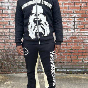 Custom <b>Men's</b> Winter 100% Cotton Two-Piece Tracksuit Thick Fleece Sweatpants and <b>Hoodie</b> with Print Stacked Joggers Set - Product Image 3