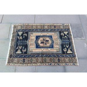 Alfombra Turca Pequeña de 2.2x3 pies (68x92 cm), Alfombra de Lana Azul Vintage con Diseño Floral - Product Image 4