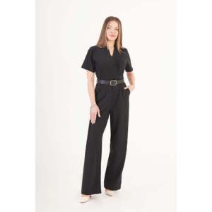 Mono Palazzo Negro con Cinturón para Mujer LUSTRIN Elegance - Elegante Traje de una Pieza de Poliéster y Elastano de Pierna Ancha para Venta al por Mayor - Product Image 1