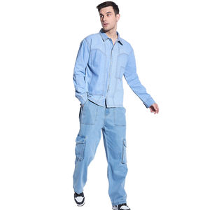Ensemble de costumes en denim tissé pour hommes, style décontracté, veste en denim boutonnée et pantalon en jean, mode streetwear automne - Product Image 1