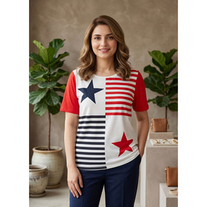 Camiseta de Cuello Redondo y Manga Corta con Estampado de Bandera en Bloques de Color, Corte Holgado, Informal, para Verano, 100% Algodón, Ropa Casual para Mujer - Product Image 3