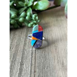 Navajo Handmade Multi Stone Inlay <b>Ring</b> Sterling Silver Size 7.25 Fine Jewelry with Opal & <b>Jade</b> - Product Image 1