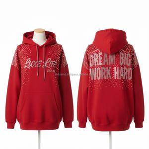 Custom Logo Heavy Rhinestone 100% Cotton Fleece Oversized <b>Red</b> Black Hoodie Streetwear <b>Men</b> Full Diamond Bling Pullover <b>Sweatshirt</b> - Product Image 1