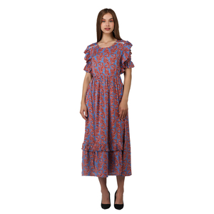 À la mode imprimé fleuri Maxi femmes à la main été fête Style crêpe fluide décontracté manches courtes à volants taille élastique a-ligne rapide - Product Image 1