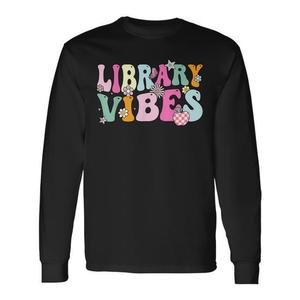 Groovy Library Vibes Retro School Library Crew T-shirt a maniche lunghe in stile vintage promozionale - Product Image 1
