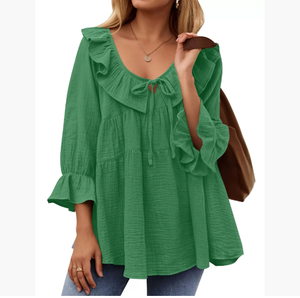 Chemise à manches longues beige pour femmes, col à volants, coupe ample, en coton crêpe doux, couleur unie, conçue pour un usage décontracté - Product Image 3