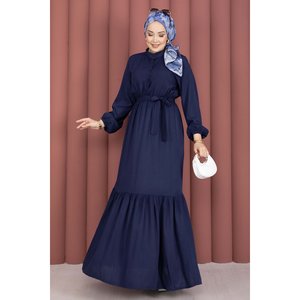 Robe bleu marine modeste semi-boutonnée avec ceinture, en crêpe de soie et mousseline tricotée de haute qualité, col montant, imprimé basique naturel - Product Image 3