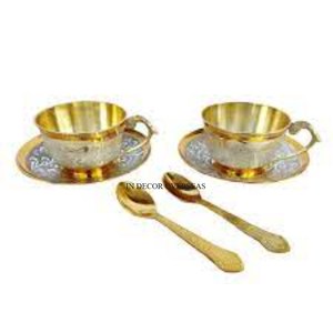 Direct Factory Supply Double Shaded Gold Plated <b>And</b> Silver Shiny Polished Brass Tea <b>Cup</b> With <b>Saucer</b> <b>And</b> Spoons In Best Price - Product Image 1