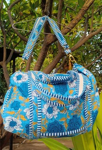 Le Souvenirs Luxury Weekender Handmade Blockprinted Quilted Cotton Duffle Bag Blue Bold Floral Print Detachable Long Belt Zipper - Product Image 3