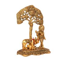 Idola Krishna berlapis emas dengan sapi pridhenu | Patung Murti logam untuk dekorasi rumah candi kantor dan hadiah pindah rumah barang