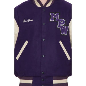 Veste de grande taille pour hommes, violet foncé et crème, manches en cuir de vachette véritable, veste universitaire Letterman de baseball personnalisée - Product Image 5