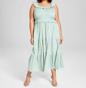 Vestido de verano de talla grande con volantes, fruncido, corte A, escalonado, hasta la rodilla, con estampado de rayas y fruncido ajustado - Product Image 1