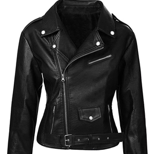 Chaqueta de Cuero Genuino Negra para Mujer, Cuello Alto, Manga Larga, Cierre de Cremallera, Color Sólido - Product Image 1