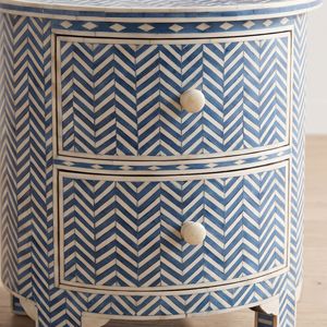 Handcrafted <b>Blue</b> Bone Inlay Round <b>Bedside</b> <b>Table</b> with 2 Drawers Luxury Nightstand Bedroom Furniture Home Decor - Product Image 4