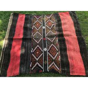 Vintage Accent Turkish Rug 3.7x4.5 ft <b>Red</b> <b>Wool</b> Kilim with Patchwork Pattern Eco-Friendly Latex Backing - Product Image 3