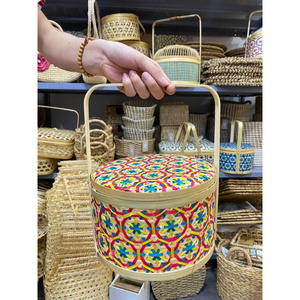 Vintage Style Handwoven Round Bamboo <b>Basket</b> Multiple Color / Bamboo Box <b>With</b> <b>Handle</b> For Picnic, Outdoor Activities - Product Image 5