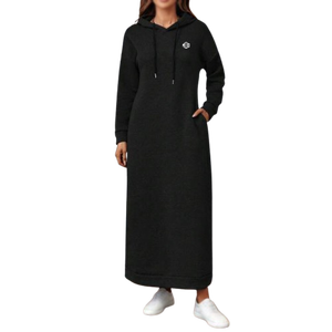 Vestido Sudadera Largo con Capucha de Felpa de Algodón Tejido para Mujer, Ropa de Invierno con Bolsillos, Opciones de Estampado Sólido y Bordado - Product Image 1