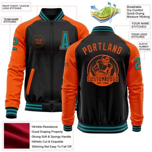 Blouson aviateur personnalisé noir bleu sarcelle et orange Varsity Letterman veste à glissière bicolore Streetwear coupe-vent veste universitaire vintage pour homme - Product Image 3