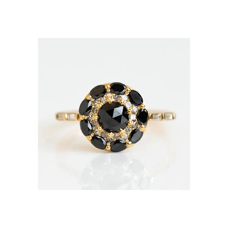 Cincin Kawin Emas 24K untuk Wanita Hitam Onyx Elegan Desain Baru Cincin Perhiasan Emas Padat dengan Cincin Berlian Asli