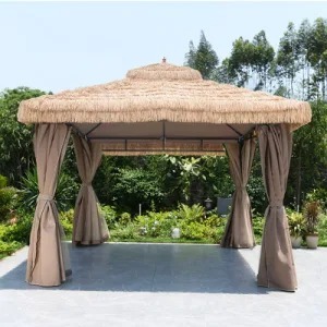 3M Contrôle Manuel Métal Acier Paille Gazebo Style Pastoral Parapluie Droit pour Arrière-Cour Patio Tropical Chaume Extérieur Romain - Product Image 2