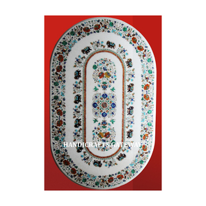 Mesa de trabajo con incrustaciones de mármol blanco para sala de estar de forma ovalada, hermosa mesa de calidad estándar hecha a mano, fabricación india - Product Image 1