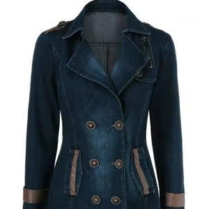 Veste en jean chic pour femme, coupe droite, longueur genou, polyvalente, tendance, essentielle pour superpositions, style vintage délavé, automne-hiver - Product Image 1