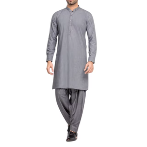 Nuevo Traje Shalwar Kameez Elegante para Hombre, Color Gris Completo, Corte Contemporáneo con Detalles Tradicionales del Sur de Asia para Invierno - Product Image 6