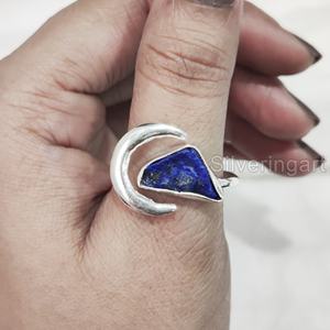 Joyería de piedra en bruto Anillo de mujer Lapislázuli natural Piedra preciosa Piedra DE NACIMIENTO Luna creciente Anillo ajustable Anillo de plata esterlina 925 - Product Image 4