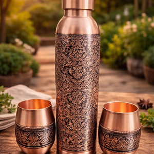 Botella de Cobre Puro, Botella de Cobre Ayurvédica, Botella de Cobre Grabada, Botella de Agua de Cobre Martillado, Botella de Cobre con Vidrio - Product Image 3