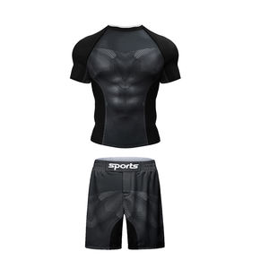 Spandex/Polyester Moisture Wicking <b>Rash</b> <b>Guard</b> Set White T-Shirt & Muay Thai Shorts BJJ MMA Wear - Product Image 3