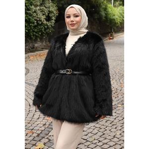 เสื้อแจ็คเก็ตขนสัตว์สีดำสำหรับผู้หญิงพร้อมเข็มขัด คอลเลกชัน 19278 - Product Image 2