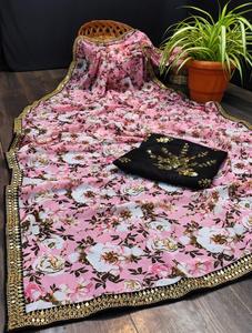 Indiase Dames Roze Georgette <span class=keywords><strong>Saree</strong></span> Digitaal Geprinte Sequentie Borduurwerk Kanten Nethoes Feestkleding Bruiloften Speciale Gelegenheden - Product Image 5