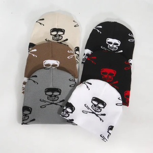 Unisex High Quality Acrylic Skull Printed Knitted Winter Ski Hat Custom Logo Woven Label Fisherman Beanie Cartoon Character - Product Image 1