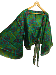 Vestido corto de seda con parte superior de tamaño libre, Top cruzado de tela Sari vintage, Top bohemio con estampado floral - Product Image 5