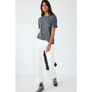 T-shirt pour femme 100% coton, col rond, anthracite, orné de pierres florales, coupe ajustée, style décontracté, respirant, taille unique et XL - Product Image 3