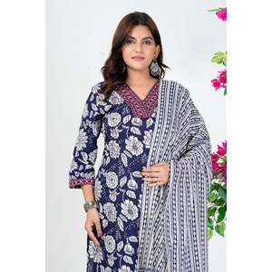 Elegante Conjunto de Kurta Azul Marino con Estampado Floral, Mangas Tres Cuartos y Dupatta para Primavera/Verano - Product Image 5