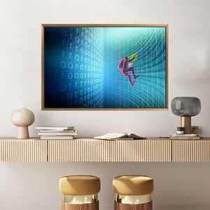Lienzo con código de matriz de arte cibernético moderno - Impresión elegante para decoración de oficina, 1P: Marco dorado - Product Image 1