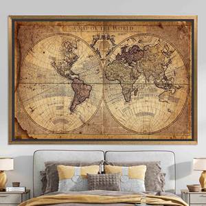 Impression sur toile de carte du monde vintage : élégante décoration murale sur le thème du monde ancien, toile encadrée dorée - Product Image 1