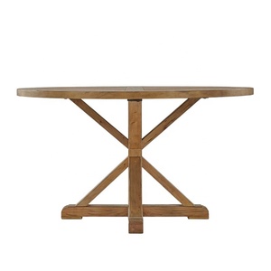 Rustic Round Dining <b>Table</b> with Pedestal Leg in Natural Wood Color for Modern Dining Room and <b>Outdoor</b> Garden Restaurant Sets - Product Image 3