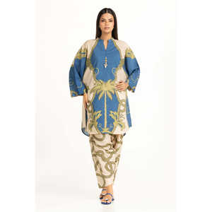 Conjunto de Dos Piezas para Mujer, Color Beige, Estampado, Estilo Casual, Tela Crepé, Largo hasta la Rodilla, Sin Cuello, Tres Cuartos, para Primavera/Verano - Product Image 6