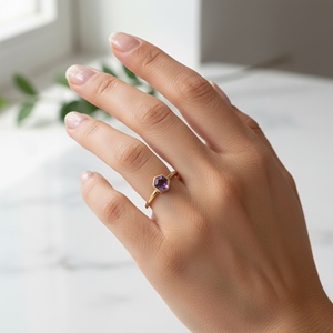Amethyst Faceted Hexagon Shape 925 Sterling <b>Silver</b> Gold Plated Classic Bezel Setting IGI Certified <b>Ring</b> for Women Jewelry Making - Product Image 4