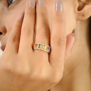 Bague octogonale en forme de multi saphir et diamant rond Halo demi-éternité or jaune pur 14 carats pierre de naissance fournisseur de bijoux - Product Image 4